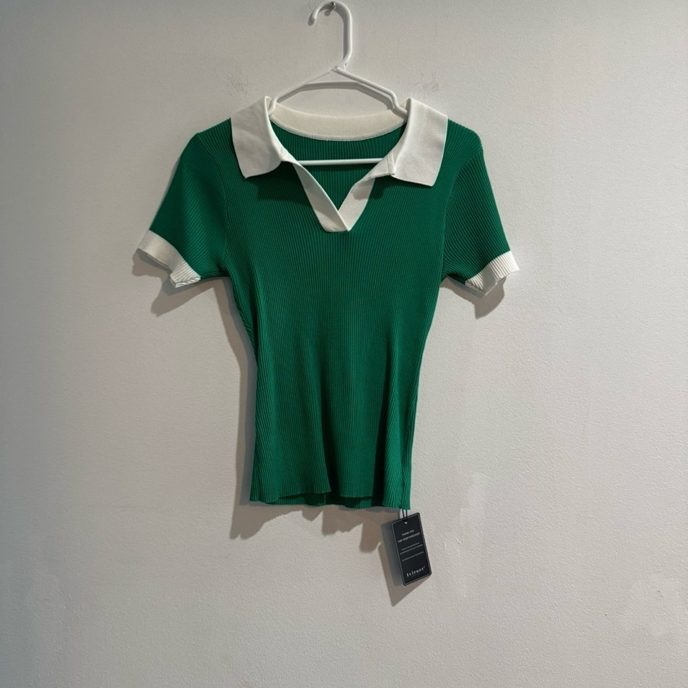 NWT Green & White Ribbed Collared Sweater Top | Slim Fit Knit | Small - Picture 3 of 4